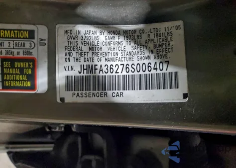 2006 Honda Civic Hybrid из США, поврежденный, VIN JHMFA36276S006407